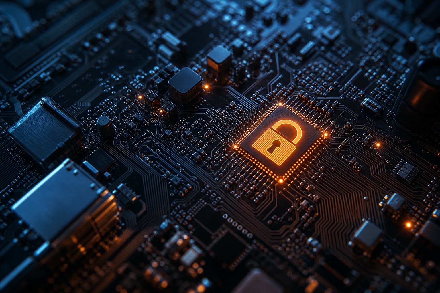 Connected device security—circuit board with digital padlock representing IoT product protection