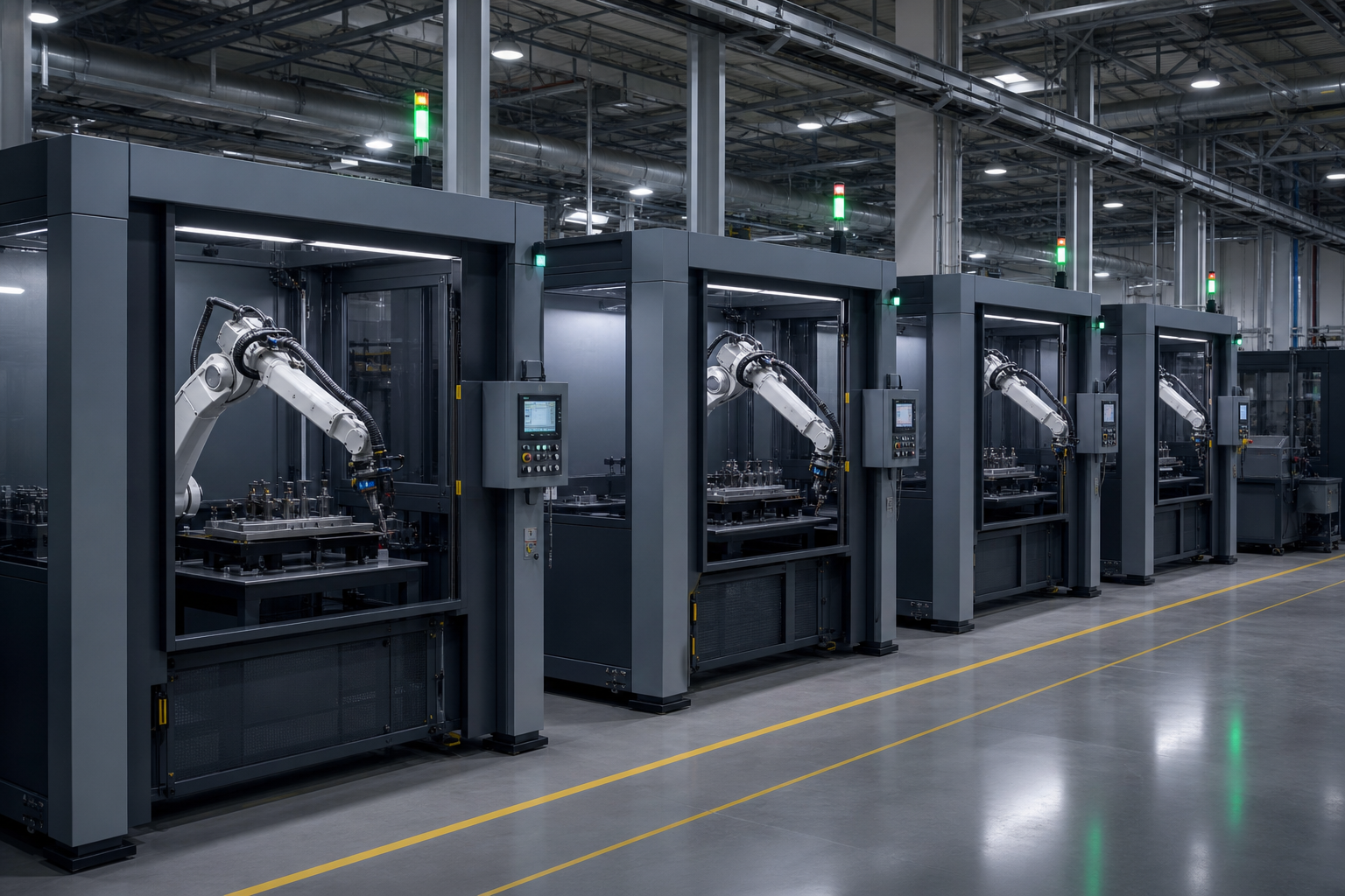 Multiple autonomous welding cells deployed across a modern manufacturing floor
